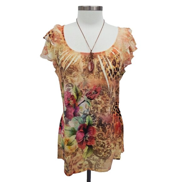 B.L.E.U. Womens Floral/Cheetah Scoop Neck Blouse Top Sz M Flutter Sleeve Orange - Picture 1 of 14